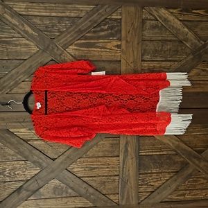 Small LuLaRoe Monroe Kimono Red Lace with Cream Fringe